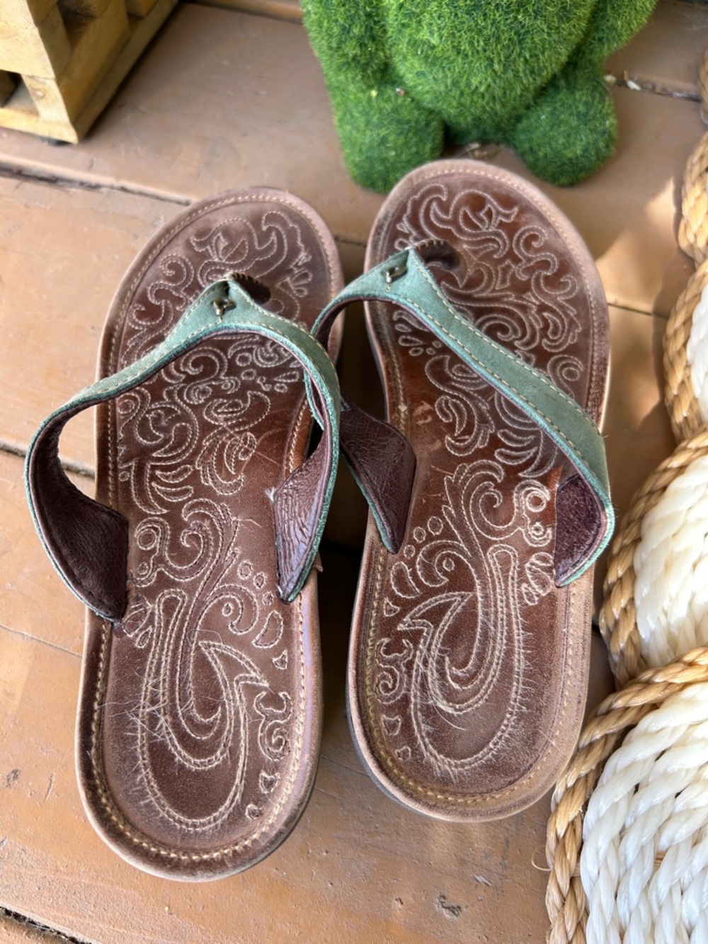 OluKai Brown Leather Footbed Wedge Sandals with Green Straps